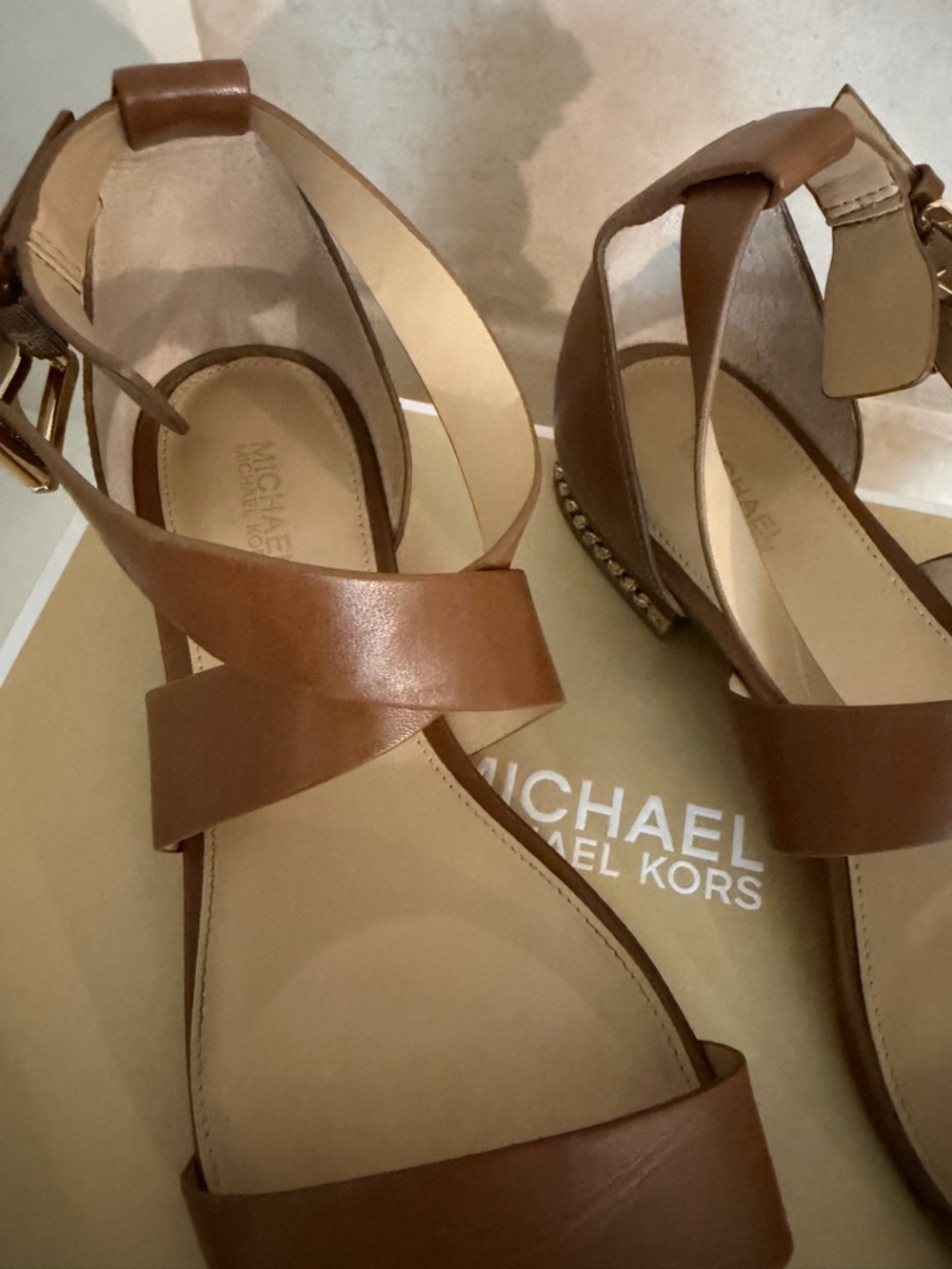 Michael Kors Sabrina Brown Leather Strappy Sandals with Gold Chain Accent - Picture 4 of 10